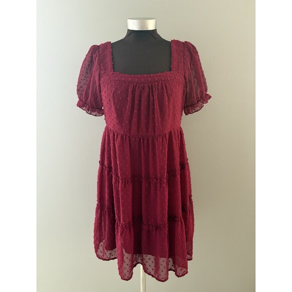 Trixxi Dress Size Large Burgundy Swiss Dot Tiered Puff Sleeve Cute Goth Babydoll - Picture 1 of 16